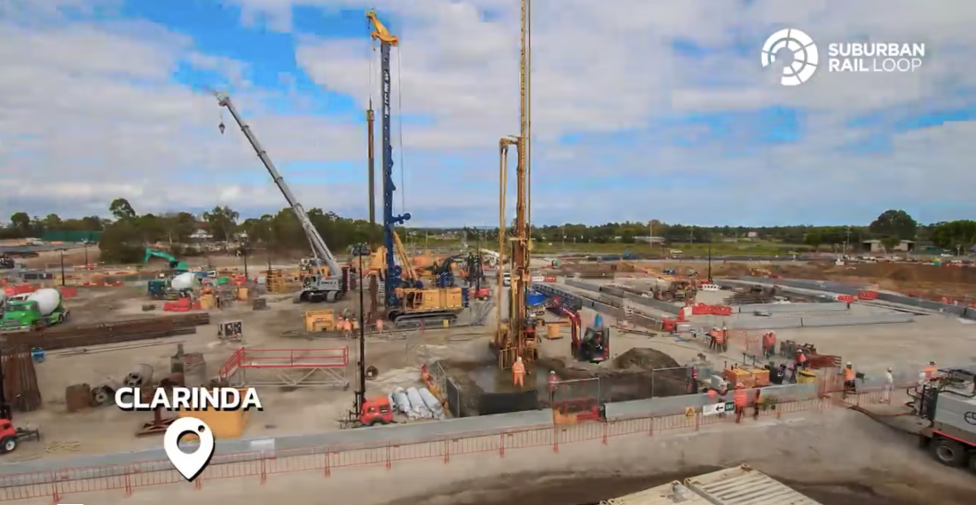Early stage ground and foundation work at Clarinda for the Suburban Rail Loop, captured by a construction timelapse camera.